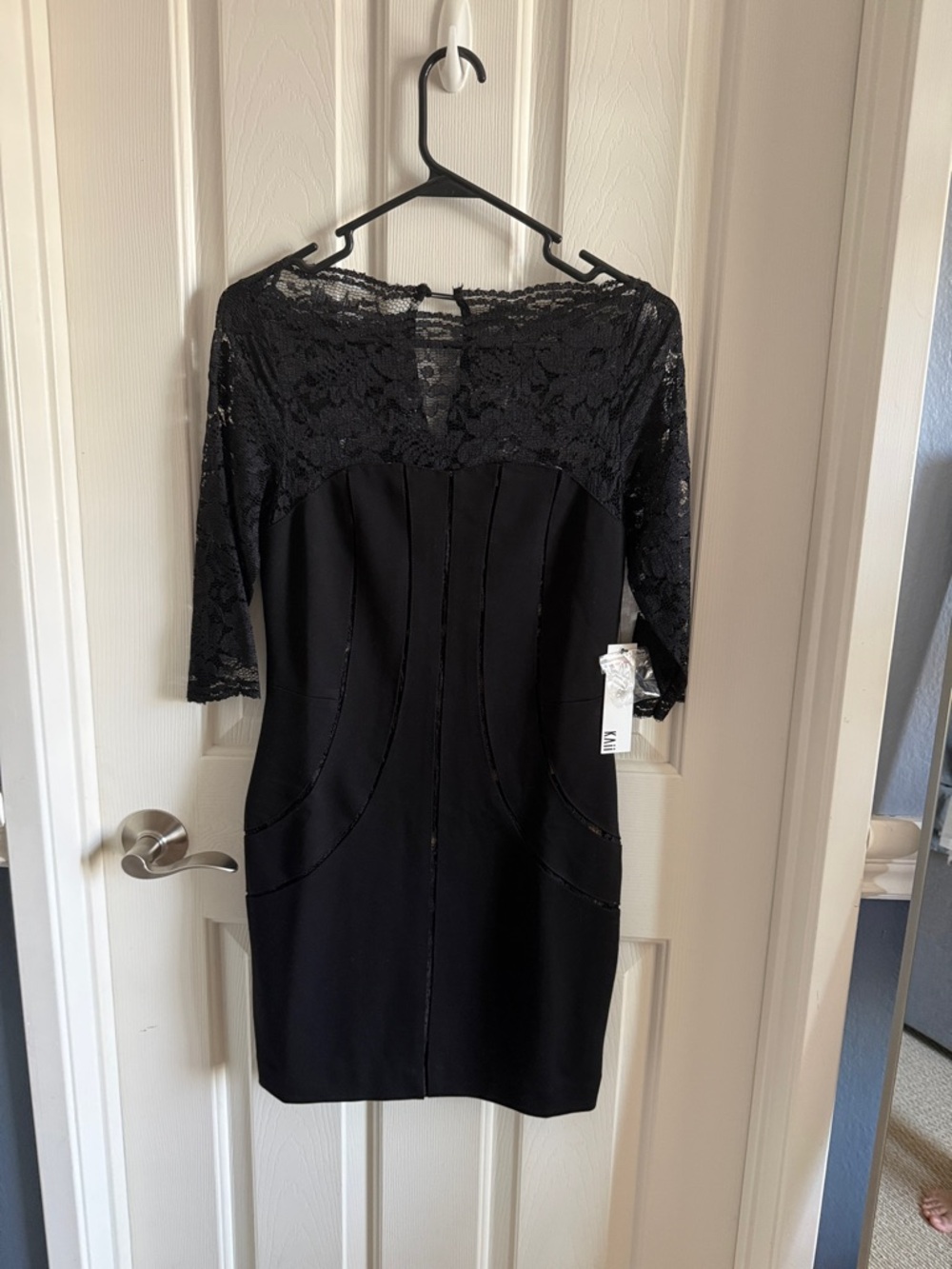 Kaii Black Lace-Yoke Midi Dress with Three-Quarter Sleeves